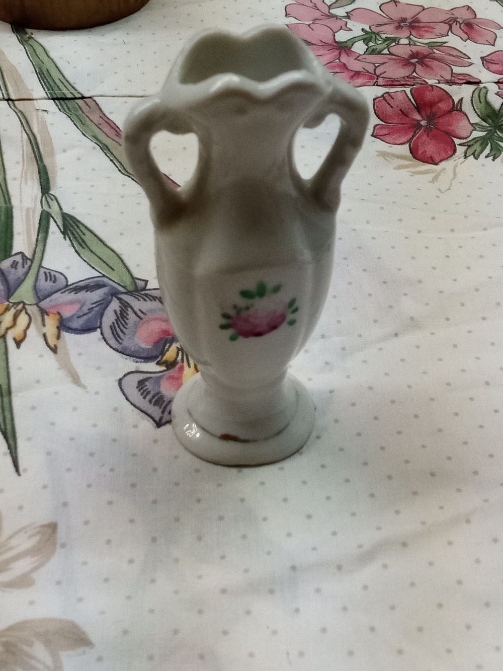 Vintage White Ceramic Double-Handled Bud Vase with Pink Floral Accent